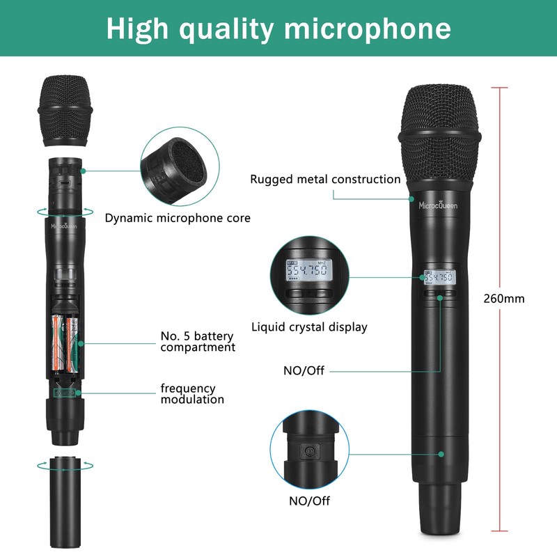 MicrocQueen Professional UHF Wireless Microphone System, Dual Channel 530–580MHz with