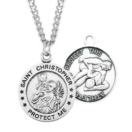 Patron Saint St Christopher Round Sterling Silver Wrestling Medal for Male Athletes, 1.0" x 0.8", 24" Endless Rhodium Plated Stainless Steel Chain Necklace, Made in USA, Deluxe Velvet Gift Box