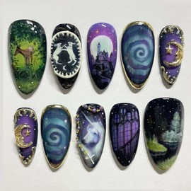 ONPRESS 24Pcs Gothic Press on Nails Medium Almond Fake Nails Gold Star Moon Line French Acrylic False Nails Rabbit Elk Horse Animal Full Cover Glue on Nails Purple Starry Sky Stick on Nail for Women