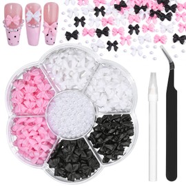 Charms Kit for Nails, 400Pcs Bow and Flatback Pearls Set, 3D Acrylic Rhinestones for Nails Art Design, Pink Black White Bowknot Gems for DIY Crafts, Manicure Decoration Supplies