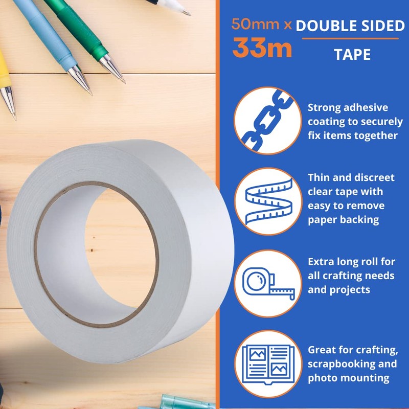 Gocableties Clear Double Sided Tape, 50mm (2”) x 33m, Strong