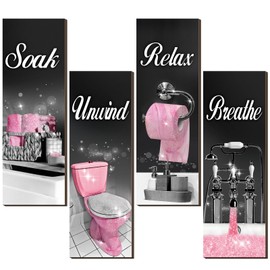 Honoson 4 Pcs Bathroom Decor Wall Art Farmhouse Bathroom Pictures Wall Decor Soak Unwind Relax Breathe Wood Hanging Sign for Home Spa Laundry (Black Pink,15.7 x 5.9 Inch)