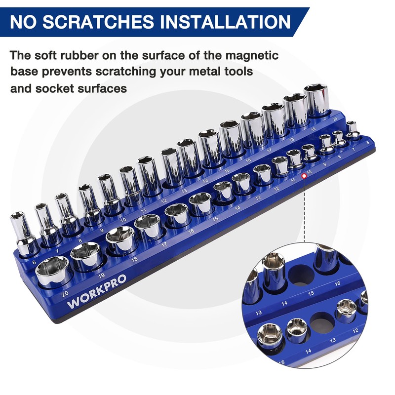 WORKPRO Magnetic Socket Organizer Set, 6-Piece Socket Holder Set Includes