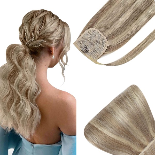 VeSunny 14inch Highlighted Hair Extensions Ponytail Color #16 Golden Brown Mixed #22 Medium Blonde Hair Ponytail Extension Real Human Hair 80g/set