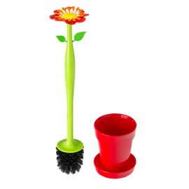 Vigar Flower Power Toilet Brush and Holder Set, Toilet Bowl Cleaner with Daisy-Shaped Handle, Flowerpot Base and Saucer, for House and Bathroom, Red