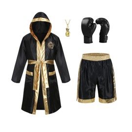AGCOAH Wrestling Costumes for Men Gloves Star Necklace Roxer Robe Boxing Shorts Men Fight Club Costume Boxing Gear 3 Pcs (Black and Gold-M)