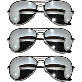 OWL 3 Pack Aviator Style Sunglasses Full Mirror Silver Lens Black Metal Frame