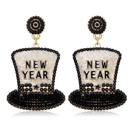 Beaded Happy New Year Earrings 2025 New Year Hat Drop Earrings for Women Enamel New Year's Eve Christmas Festive Party Jewelry(Black1)