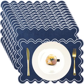 Gandeer Linen Placemats Set of 12 Scalloped Placemat 13 X19 Wavy Embroidery Double Layered Washable Farmhouse Dinner Fabric Table Mat Napkin for Wedding Party Restaurant(Regular,Navy Blue)