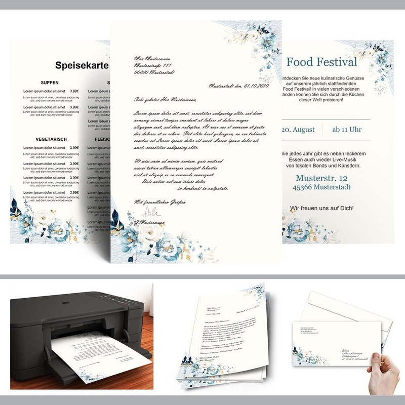 Writing Paper Set, 40 Pieces, Blue Flowers, 20 Sheets of