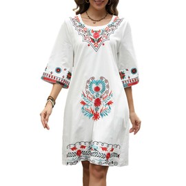 AK Traditional Mexican Dress for Women Floral Embroidered 3/4 Sleeve Boho Dress, Summer Fiesta Peasant Dresses, 60's Vintage Clothing