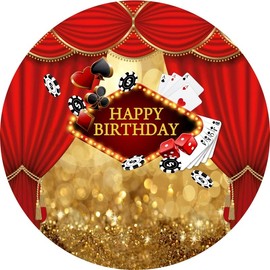 Renaiss 7.2x7.2ft Las Vegas Happy Birthday Round Backdrop Cover Casino Night Golden Glittering Bokeh Circle Photography Background Poker Dice Red Curtains Birthday Party Decors Arch Photo Booth Props
