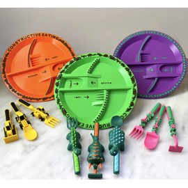 Constructive Eating Made in USA Construction, Dinosaur, and Garden Fairy Combo with 3 Utensil Sets and 3 Plates for Toddlers, Infants, Babies and Kids - Made With Materials Tested for Safety