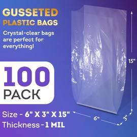 APQ Clear Gusseted Poly Bags, 6 x 3 x 15 Inch. Pack of 100 Gusseted Plastic Bags 1 Mil Thick for Favors with Open Top. Clear Plastic Bags for Packaging Cookies, Popcorn, Candies, Homemade Bread