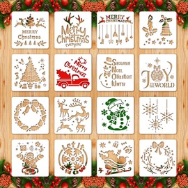 Efocakiox 16Pcs Christmas Stencils, Reusable 6” Christmas Holiday Template for Painting on Wood Window Door Wall, Plastic Drawing Painting Spraying Template for Greeting Cards, Xmas Crafts DIY Decor