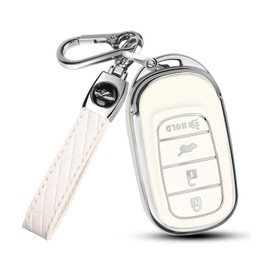 QBUC for Honda Key Fob Cover,Car Key Holder with Keychain Fit for Honda 2022 2023 2024 Civic CRV HR-V Accord Pilot (White, silver edges)