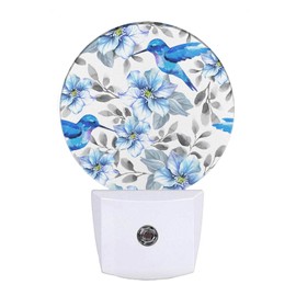EKOBLA Vintage Blue Hummingbirds Night Light Peony Flowers with Grey Leaf Night Lights Plug into Wall Auto on/Off 0.5W Nightlight Sleep Friendly