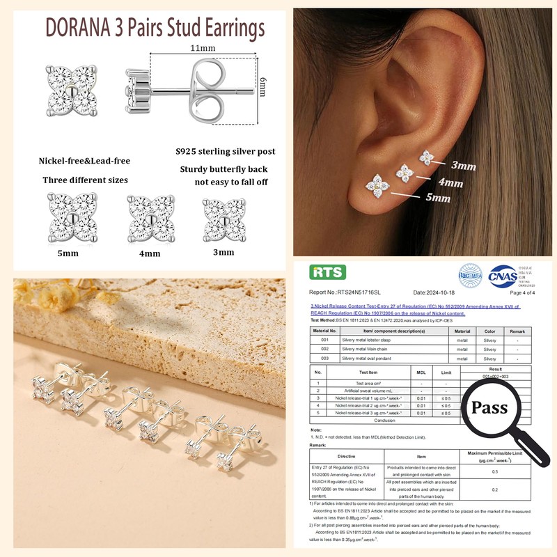 DORANA 3 Pairs 925 Sterling Silver Stud Earrings for Women