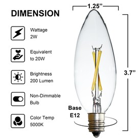 FANNIS 6 Pack C32 Candle LED Edison Bulb, 2W Equals 20W, Warm White 2700K, E12 Base Vintage Clear Glass Candle Light Bulb for Pendant Chandelier Ceiling Fan Candelabra Light