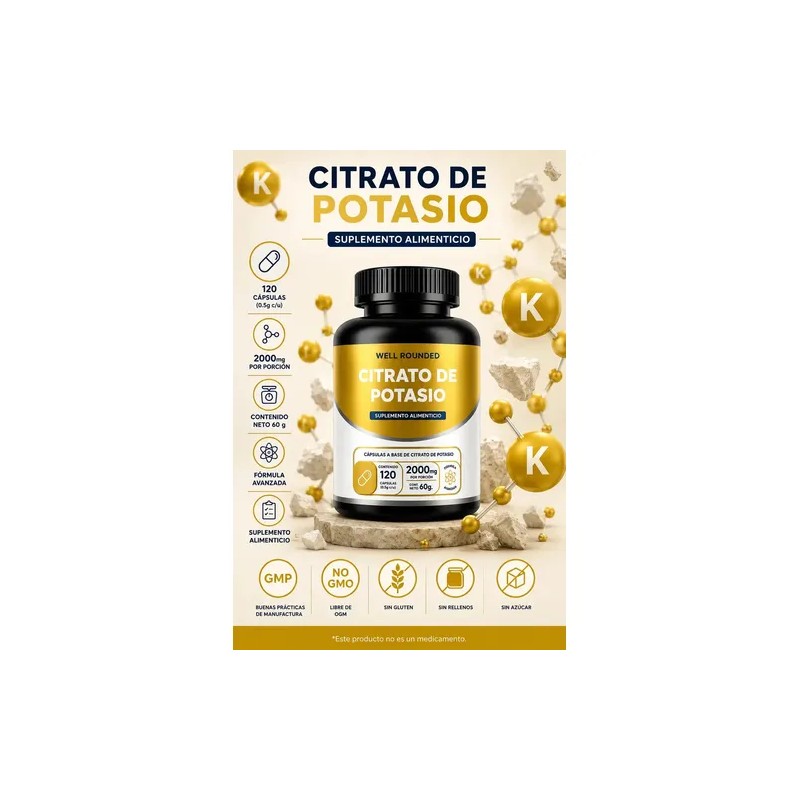 Citrato Potasio 120 Cápsulas Well Rounded 2000mg Porción Sabor