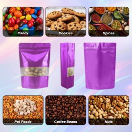 4CP 100 Pcs Zipper Smell Proof Bags with Window, Stand Up Foil Pouches for Food Selfsealing Storage, Reusable Bag for Packaging Small Business, Cookies, Nunt, Candy (Purple, 3.5x5.0 Inch)