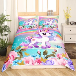 Cartoon Unicorn Kids Duvet Cover Set Twin Size,Roses Flowers Butterfly Princess Bedding Set,Girls Women Room Decor,Rainbow Unicorn Cute Comforter Cover,Pink Blue Romantic Quilt Cover,1 Pillowcase