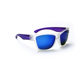 Optic Nerve, Tag, Youth Kids Sunglasses - Matte Crystal Clear with Purple Frame, Polarized Smoke with Blue Mirror Lens