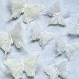 12 mariposas con purpurina de plumas blancas con clip | Mariposa de plumas para coronas de árbol de Navidad, decoraciones de jardín - Lentejuelas