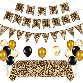 Leopard Party Decorations Cheetah Happy Birthday Banner Cheetah Theme Balloons Leopard Print Tablecloth for Safari Wild Birthday Party Supplies (Gold Leopard Print)