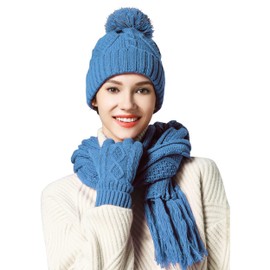 Hat Gloves Scarf Set Women Winter Knit Beanie Hat+Touchscreen Gloves+Long Scarve 3 in 1 Set Gift for Women Girls
