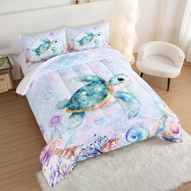 UEVBF Coastal Bedding Sea Turtle Comforter Set Full Size,Mermaid Scale Coral Pattern Comforter for Toddler Kids Girls Room Decor with 2 Pillowcases.