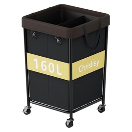 Chrislley 160L Laundry Hamper with Wheels, 2 Section Large Laundry Basket with Removable Bag, Steel Frame Dirty Clothes Hamper, Rolling Laundry Cart for Bedroom, Bathroom, Dorm, Hotel, Black