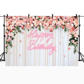 Riyidecor Flower Wall Happy Birthday Backdrop for Women Fabric Girls Neon Pink Floral Rose Blossom Plant Leaves Nature 7Wx5H Feet Aesthetic Photography Background Birthday Photo Studio Shoot