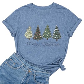 Ykomow Christmas Trees Shirt Womens Holiday Pine Tree Xmas Graphic Tees Christmas Family Shirt (Ink-2, L)