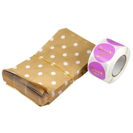 CuteBox Company 100pcs 6" x 9" White Polka Dot on Kraft Flat Paper Gift Bags with 100pcs 1.5" Purple/Gold Thank You Stickers for Retail, Packaging, Party Favors, Birthdays, Weddings