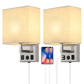 Black Wall Sconces Set of Two, Bedside Wall Lights for Bedroom, Plug in Wall Sconce with USB Ports and Outlets, Modern Wall Lamp for Mirror Kitchen Living Room Hallway, E26 Base (LED Bulbs Included)