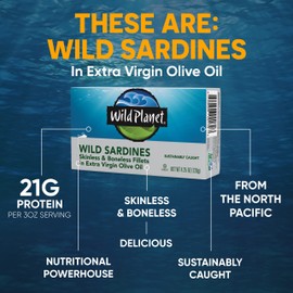 Wild Planet Wild Sardines in Extra Virgin Olive Oil with Sea Salt, Skinless & Boneless, Tinned Fish 4.25 Ounce (Pack of 12)