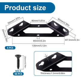 VooGenzek Pack of 6 Thickness 1.5 mm Stainless Steel Corner Brackets, Trapezoidal Corner Brace, Furniture Corner Connector with 50 Screws, for Wooden Furniture, Shelves, Tables, Chairs, Medium Black