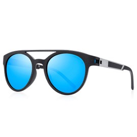 MERRY'S Polarized Sunglasses for Men Lightweight TR90 Frame Double Bridge Round Sun glasses (Gray-Black&Blue Mirror, 50)