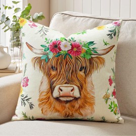 JOTOM Cushion Cover 45x45 cm Highland Cow Decorations Gift Throw Pillow Cover 18x18 Inch Outdoor Flowers Pillow Case Decor Home Living Room Couch Sofa Bedroom (Highland Cow Flowers)