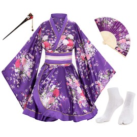 Japanese Anime Women's Dance Kimono Robe Fancy Dress Yukata Silk Folding Fans Tabi Hairstick Socks Set Purple Small