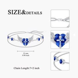 Flpruy Angel Wing Bracelet with Cross Sterling Silver Guardian Angel Bracelets with September Birthstone Blue Sapphire Bracelets for Women Guardian Angel Jewelry Gifts for Women
