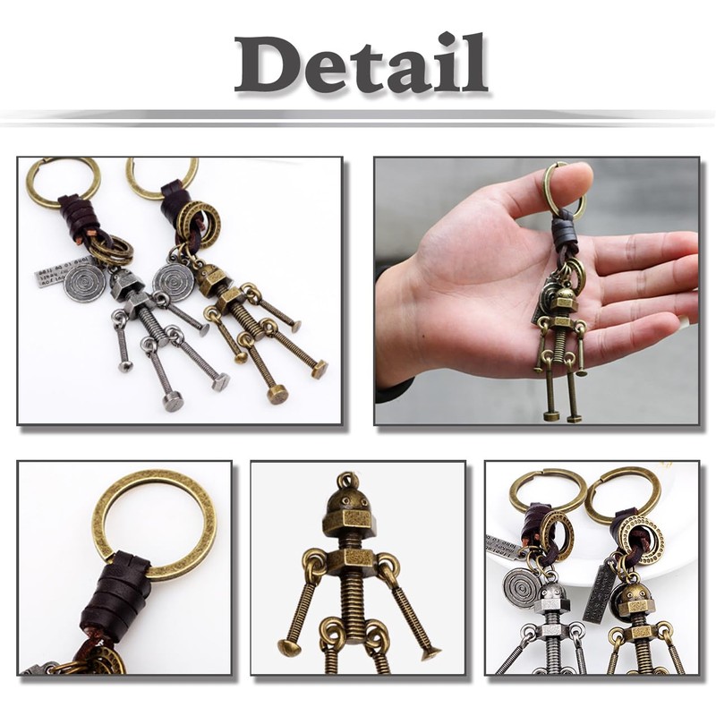 White Fang AZ293 Keyring, Keychain, Leather, Robot, Screw, Retro, Charm,