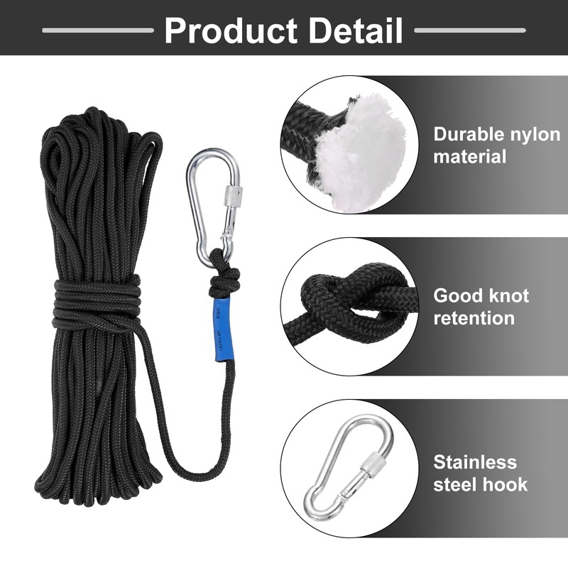 Rebower Nylon Anchor Rope with Hook,1/4"x49ft Hollow Braided Polypropylene Rope