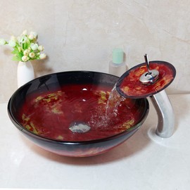 HM HomeMieco Red Glass Vessel Sink with Faucet and Drain Combo 16 Inch Tempered Glass Bathroom Sink Above Counter, Round Bathroom Basin Bowl