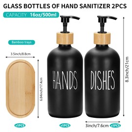 2 Pack 16 Oz Glass Soap Dispenser Set with Tray, Hand Dish Soap Dispenser Set for Bathroom and Kitchen Bottle Dispenser with Dish Soap, Hand Soap, Lotion (Black（Hands） Black (Dishes))