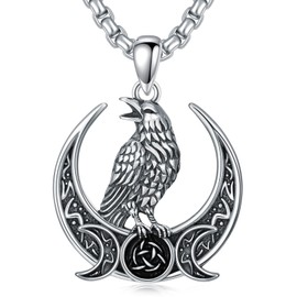 Lattd Raven Necklace 925 Sterling Silver Goth Crescent Moon Crow Pendant Necklaces Gothic Jewelry for Men Women, w/Stainless Steel Chain 22''+2''