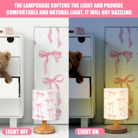 VIHOSE Coquette Bow Table Lamp for Bedroom Kids Bedside Lamp with Linen Wooden Nightstand Lamp Cartoon Nursery Lampshade for Girls Boys Living Room