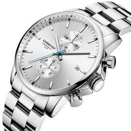 Men's Quartz Watches in Stainless Steel and Metal, with Casual Waterproof Chronograph, Auto Date, and Colourful Hands, silver white