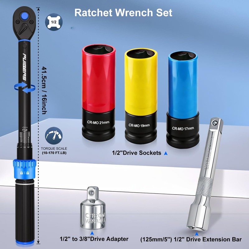 PUIBERS 10-170FT 1/2'' Torque Wrench Socket Set, 17mm 19mm 21mm